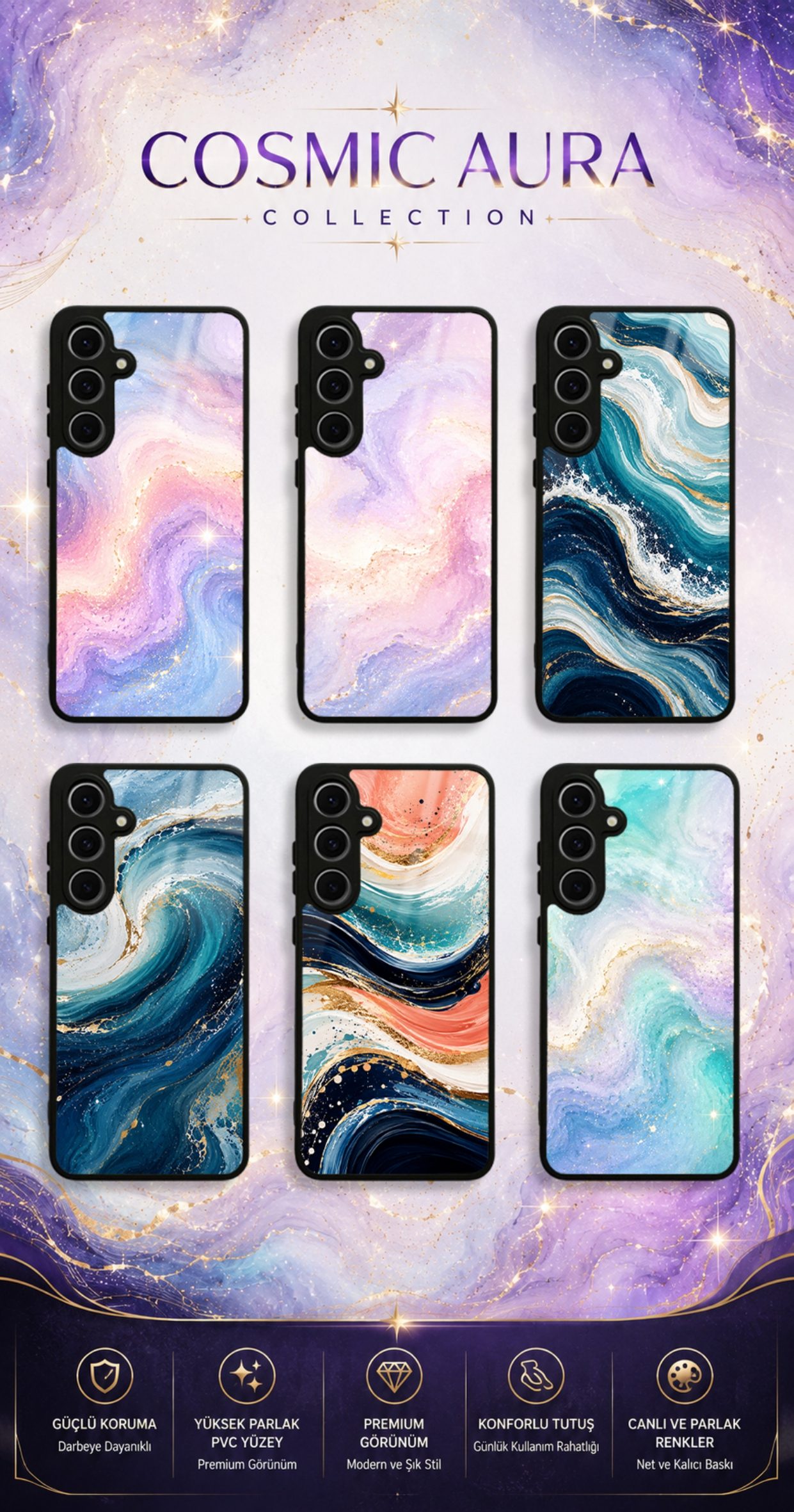 Cosmic Aura koleksiyonundaki telefon kılıfı tasarımları