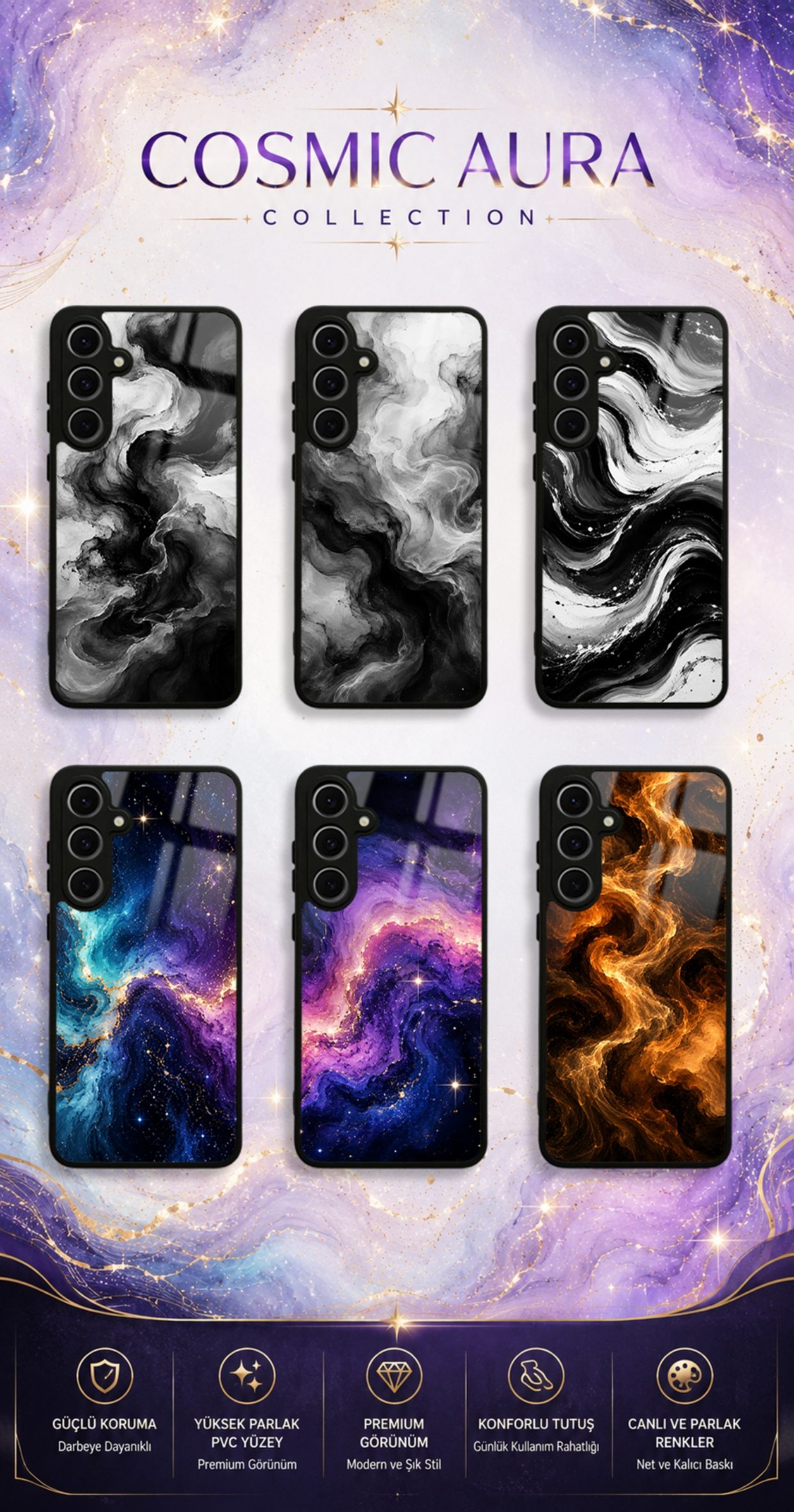 Cosmic Aura koleksiyonundaki telefon kılıfı tasarımları