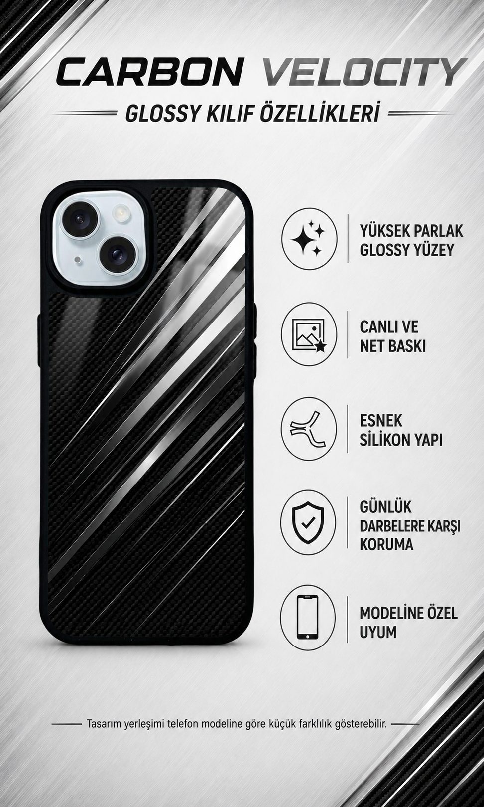Gümüş karbon desenli telefon kılıfı özellikleri