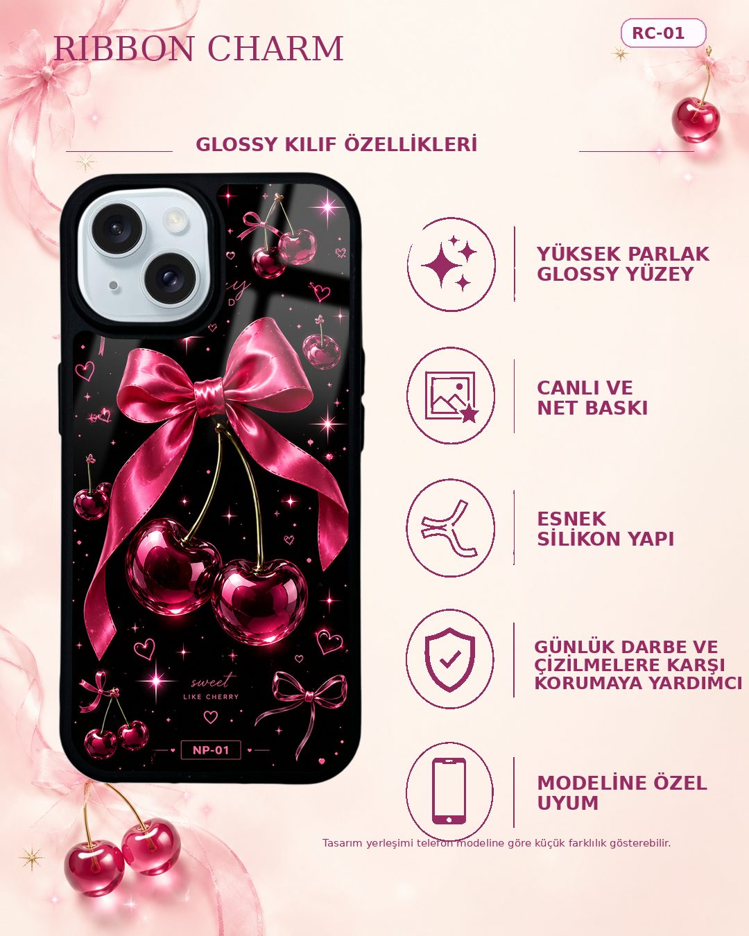 Fuşya Fiyonklu Kiraz desenli telefon kılıfı özellikleri