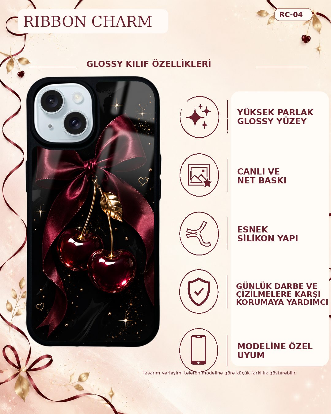 Bordo Fiyonklu Kiraz desenli telefon kılıfı özellikleri