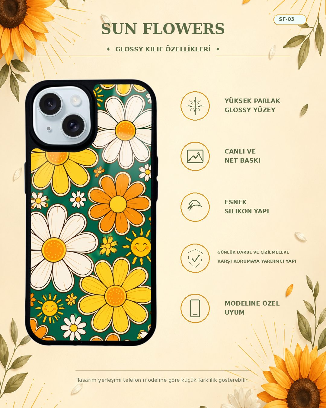 Sun Flowers 3 telefon kılıfı özellikleri